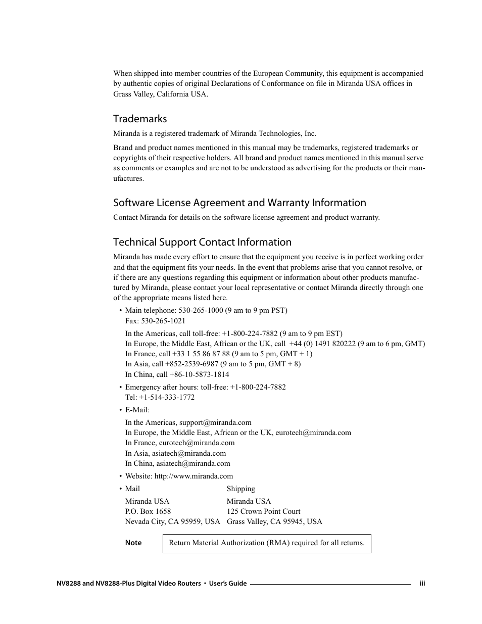 Trademarks, Technical support contact information | Grass Valley NV8288 v.1.5 User Manual | Page 3 / 88