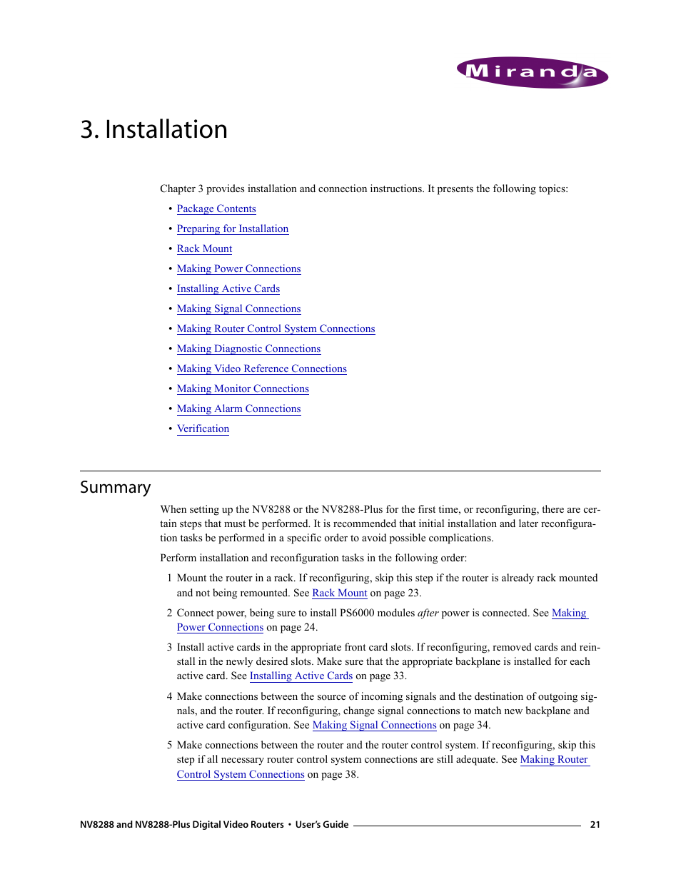 Installation, Summary, Chapter 3 | Grass Valley NV8288 v.1.5 User Manual | Page 31 / 88