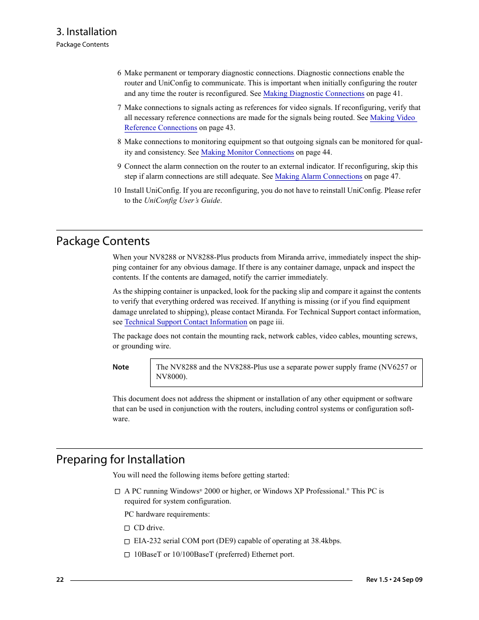 Package contents, Preparing for installation, Package contents preparing for installation | Installation | Grass Valley NV8288 v.1.5 User Manual | Page 32 / 88
