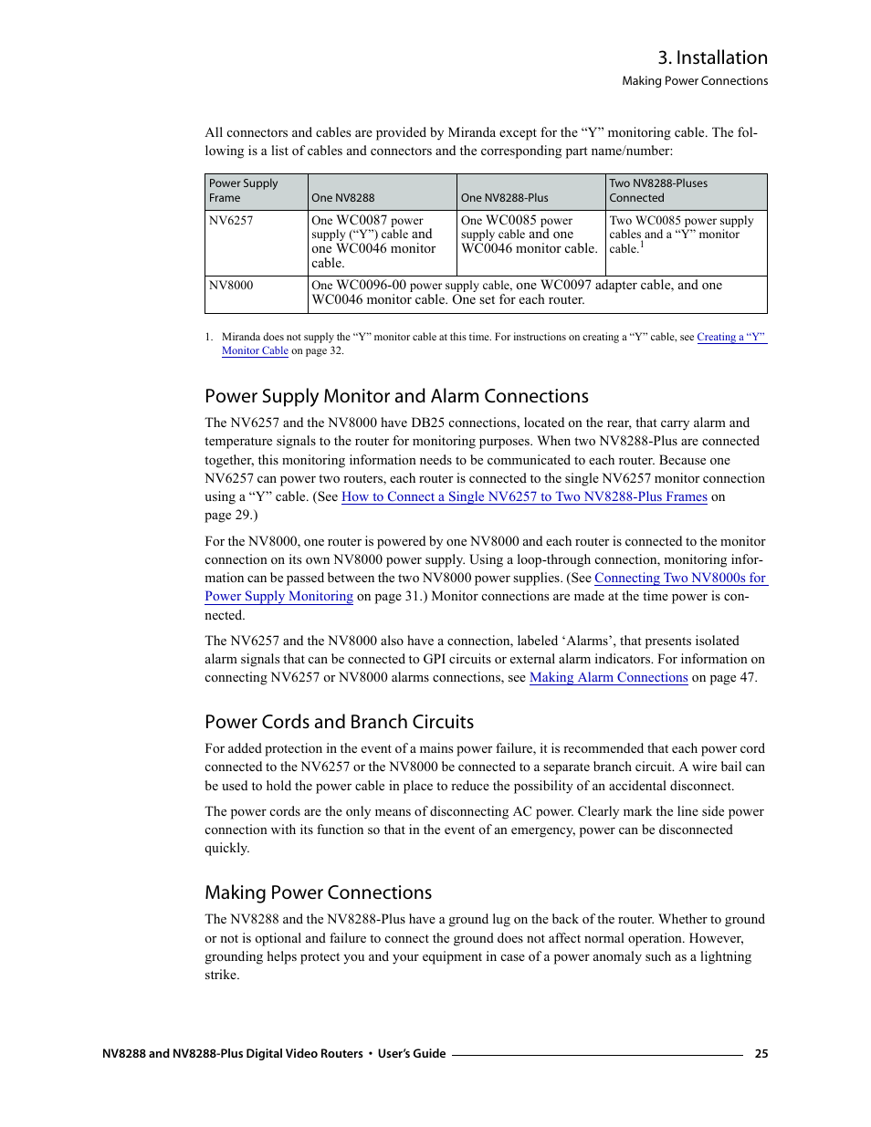 Power supply monitor and alarm connections, Power cords and branch circuits, Making power connections | Installation | Grass Valley NV8288 v.1.5 User Manual | Page 35 / 88