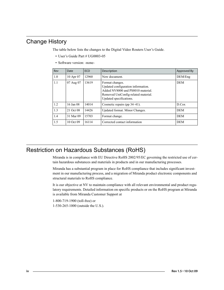 Change history, Restriction on hazardous substances (rohs) | Grass Valley NV8288 v.1.5 User Manual | Page 4 / 88