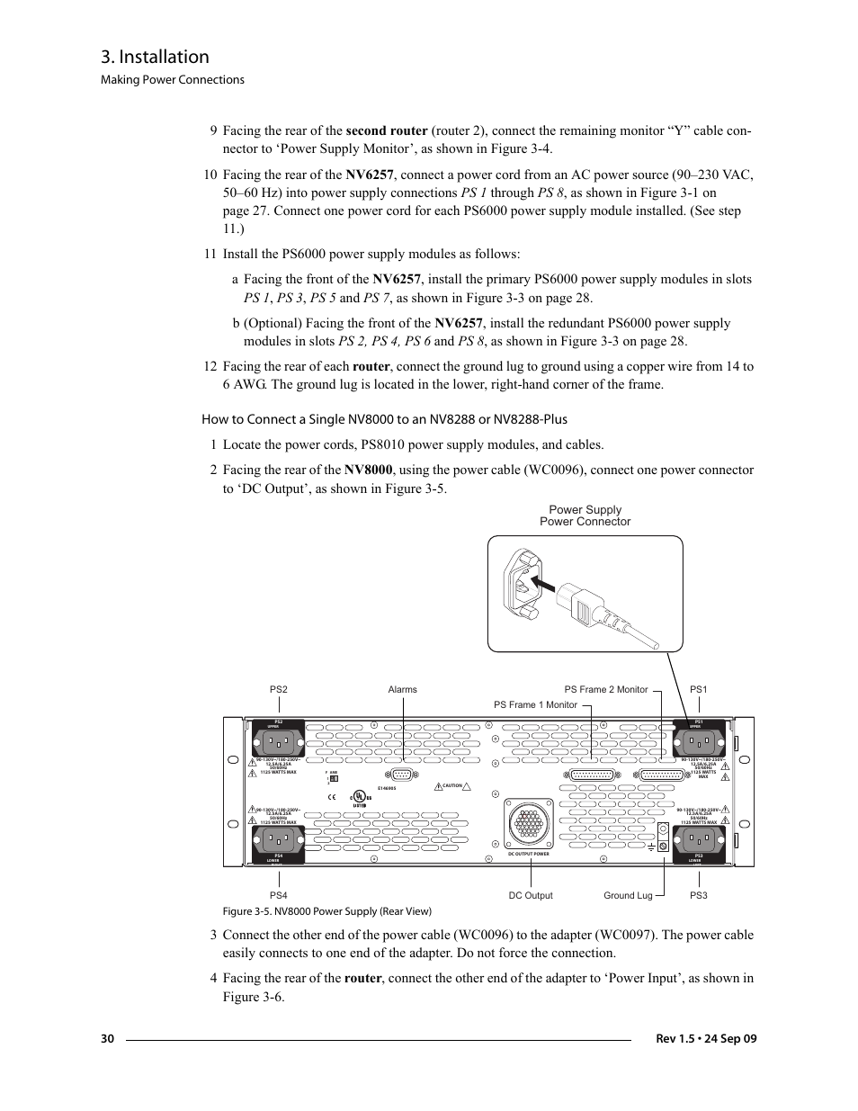 Installation, Making power connections, Power supply power connector | Grass Valley NV8288 v.1.5 User Manual | Page 40 / 88