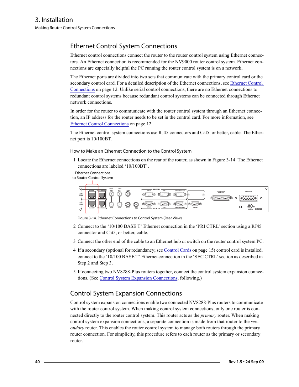 Ethernet control system connections, Control system expansion connections, Instructions, see | Ethernet control system connec, Tions, S, see, Control system expansion, Connections, Control system expan, Sion connections | Grass Valley NV8288 v.1.5 User Manual | Page 50 / 88