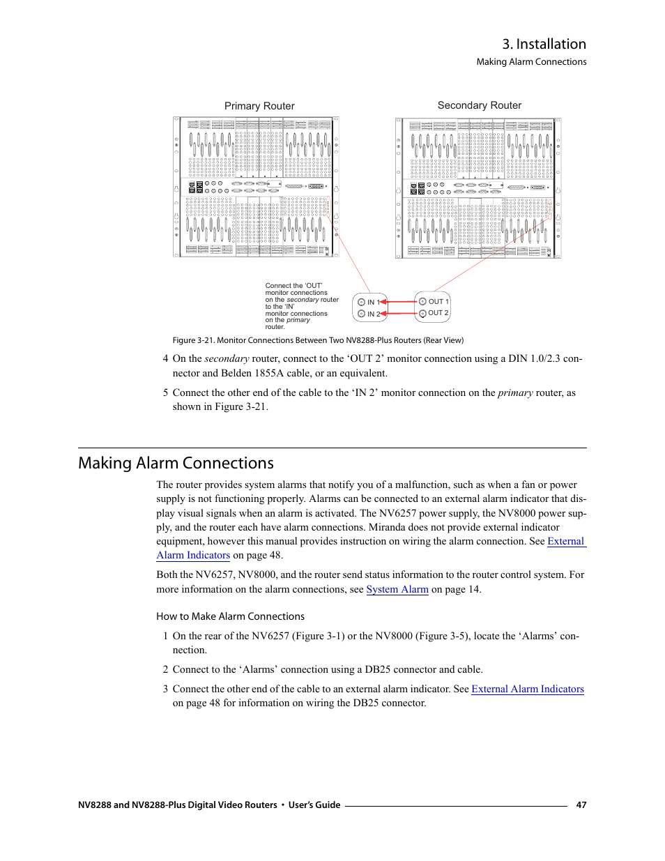 Making alarm connections, Installation | Grass Valley NV8288 v.1.5 User Manual | Page 57 / 88