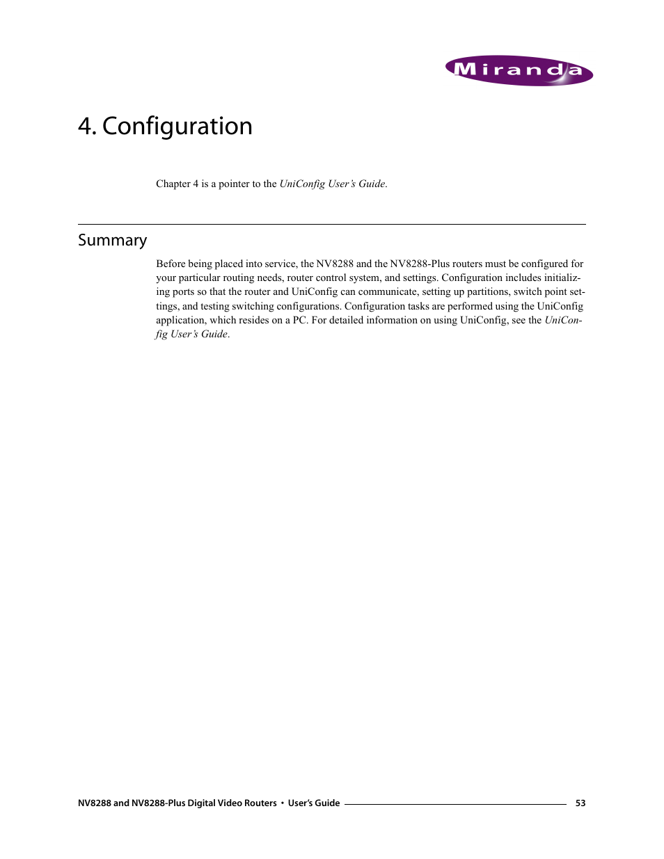 Configuration, Summary, Chapter 4 | Grass Valley NV8288 v.1.5 User Manual | Page 63 / 88