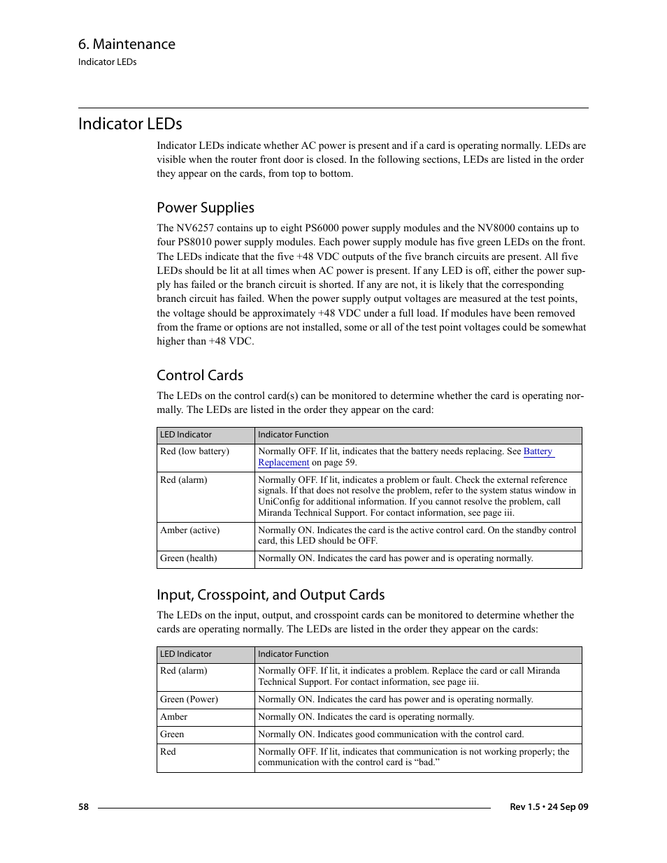 Indicator leds, Power supplies, Control cards | Input, crosspoint, and output cards, Ion, see, Indicator, Leds, Maintenance | Grass Valley NV8288 v.1.5 User Manual | Page 68 / 88