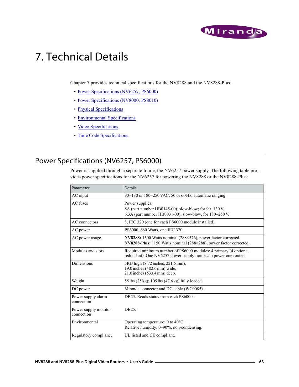 Technical details, Power specifications (nv6257, ps6000), Chapter 7 | Provides electrical, vi | Grass Valley NV8288 v.1.5 User Manual | Page 73 / 88