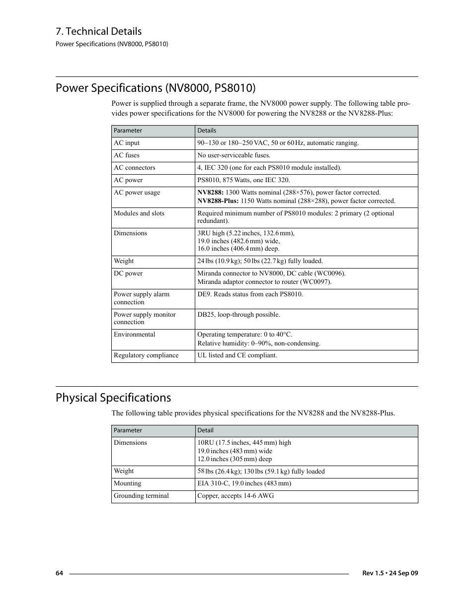 Power specifications (nv8000, ps8010), Physical specifications, Technical details | Grass Valley NV8288 v.1.5 User Manual | Page 74 / 88