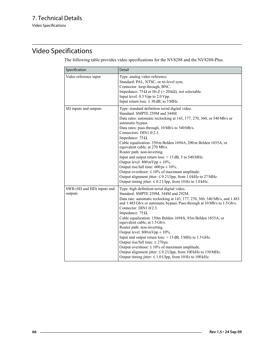 Video specifications, Technical details | Grass Valley NV8288 v.1.5 User Manual | Page 76 / 88