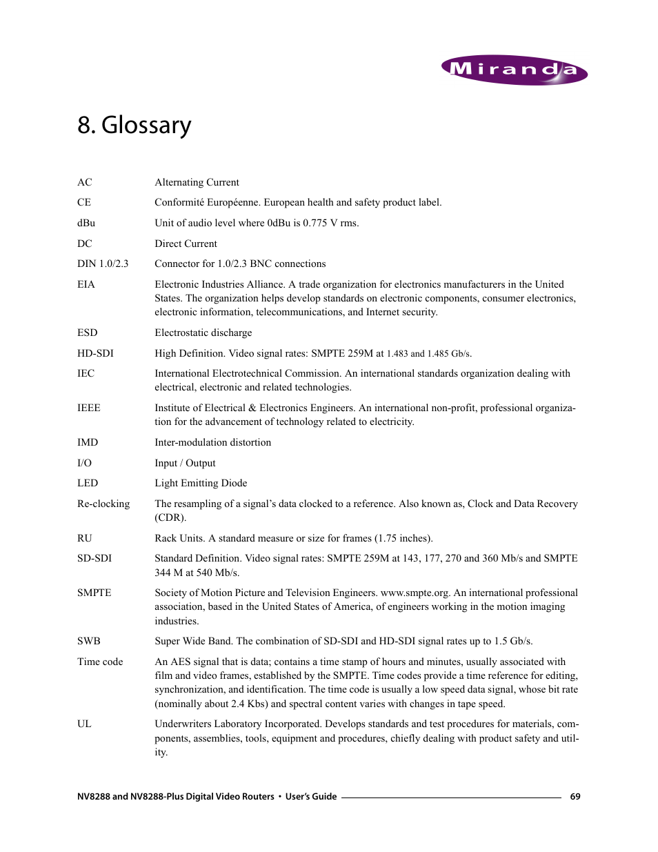 Glossary, Chapter 8 | Grass Valley NV8288 v.1.5 User Manual | Page 79 / 88