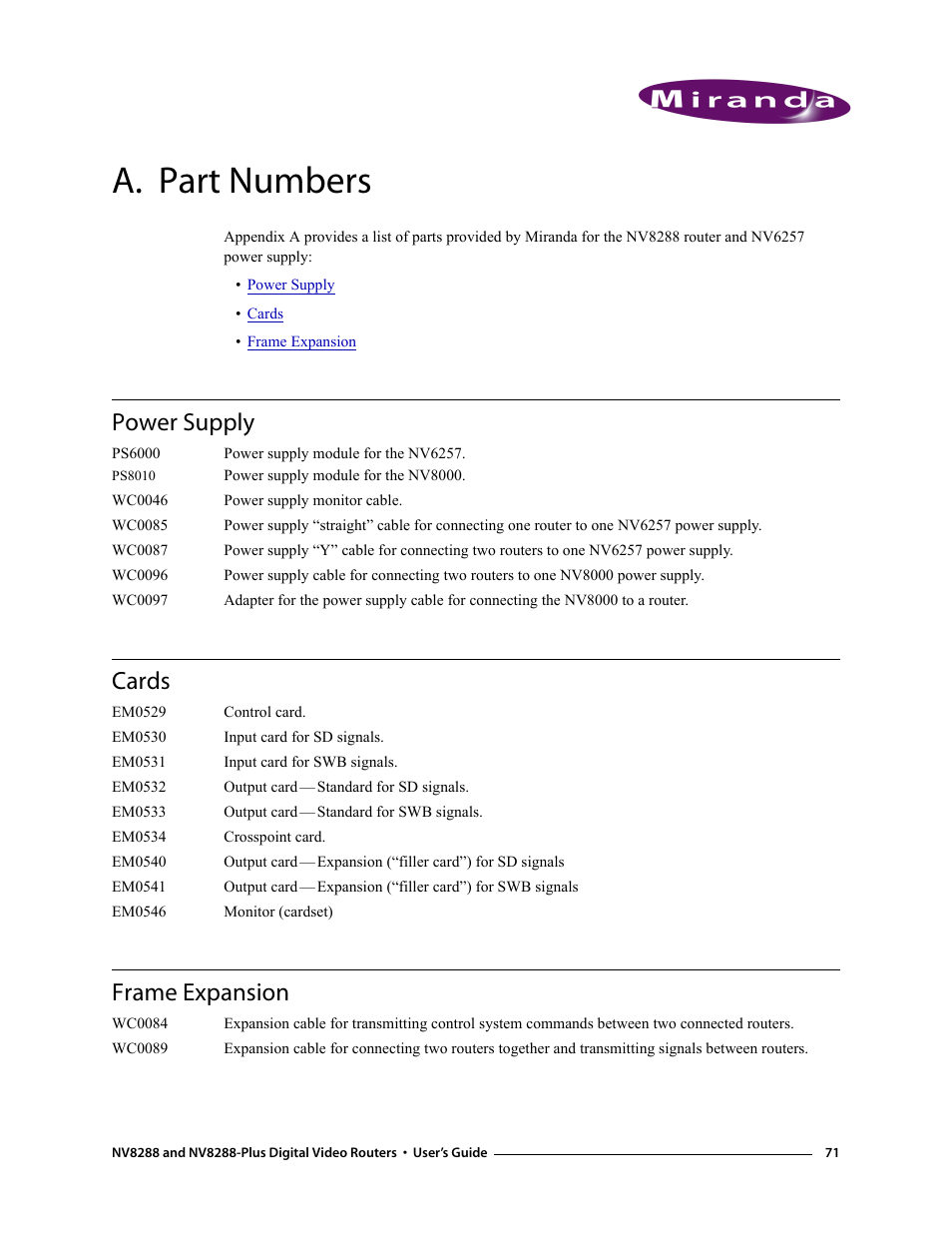 A. part numbers, Power supply, Cards | Frame expansion, Appendix a, Part numbers, Power supply cards frame expansion | Grass Valley NV8288 v.1.5 User Manual | Page 81 / 88