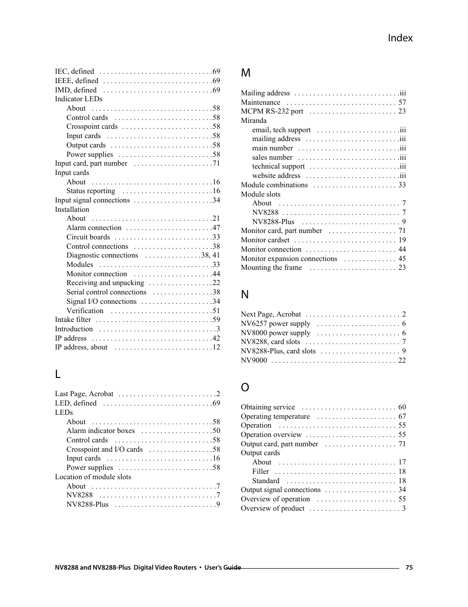 Index | Grass Valley NV8288 v.1.5 User Manual | Page 85 / 88