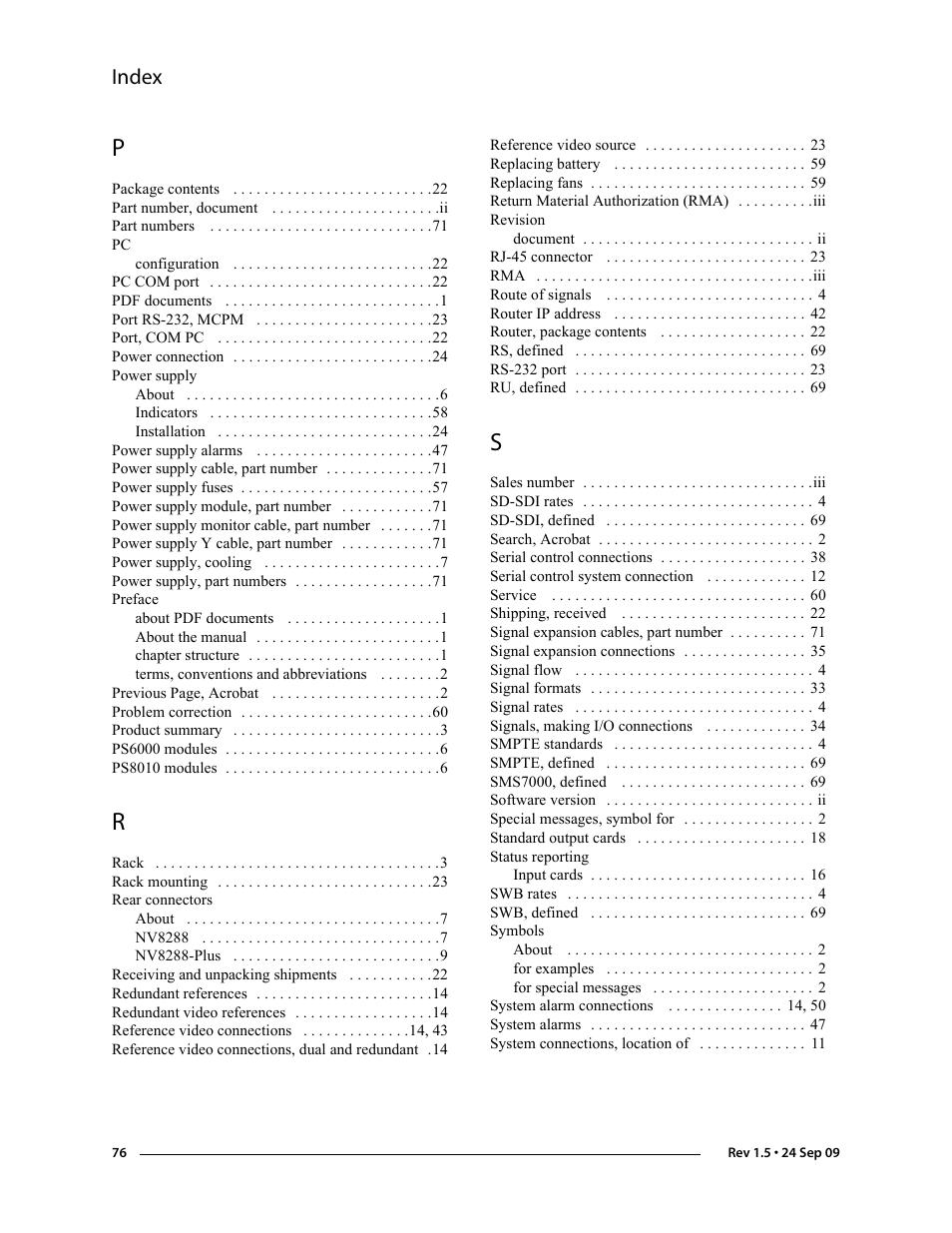 Index | Grass Valley NV8288 v.1.5 User Manual | Page 86 / 88