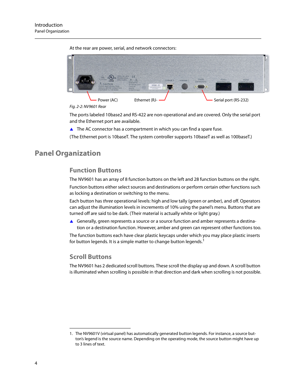 Panel organization, Function buttons, Scroll buttons | Function buttons scroll buttons | Grass Valley NV9601 v.2.2 User Manual | Page 14 / 84