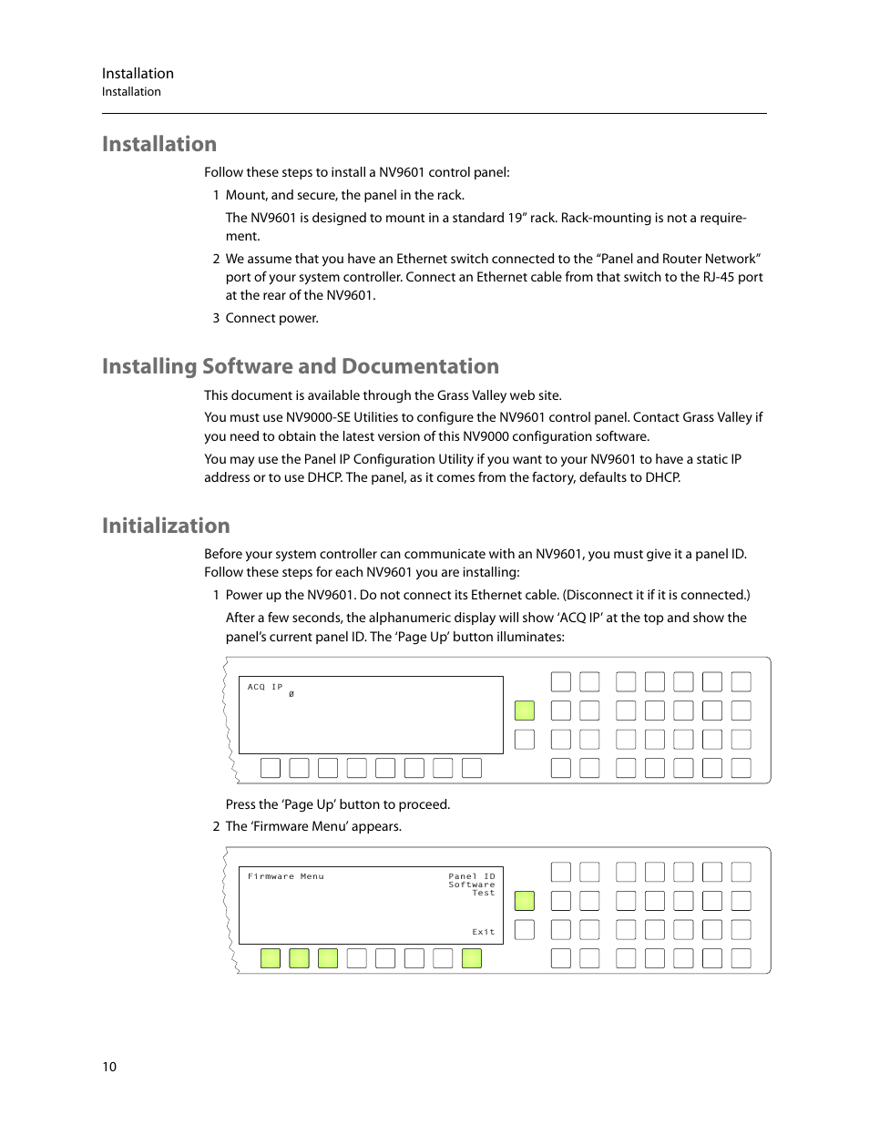 Installation, Installing software and documentation, Initialization | Grass Valley NV9601 v.2.2 User Manual | Page 20 / 84