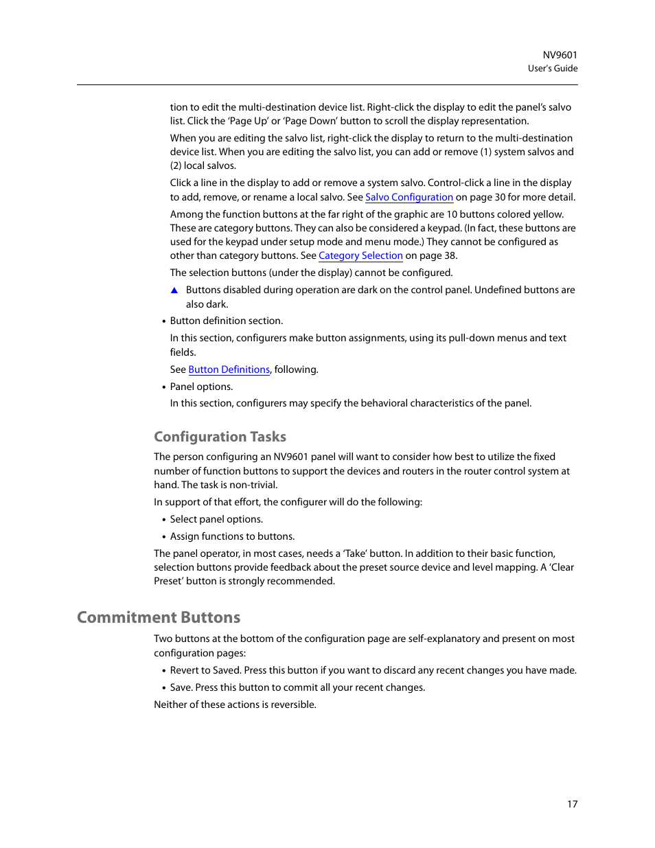 Configuration tasks, Commitment buttons | Grass Valley NV9601 v.2.2 User Manual | Page 27 / 84