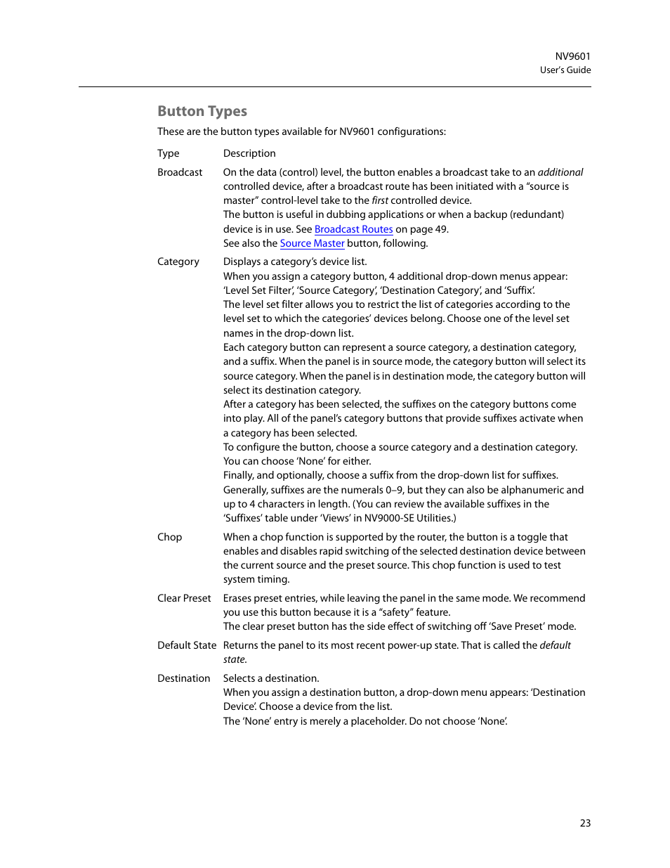 Button types | Grass Valley NV9601 v.2.2 User Manual | Page 33 / 84