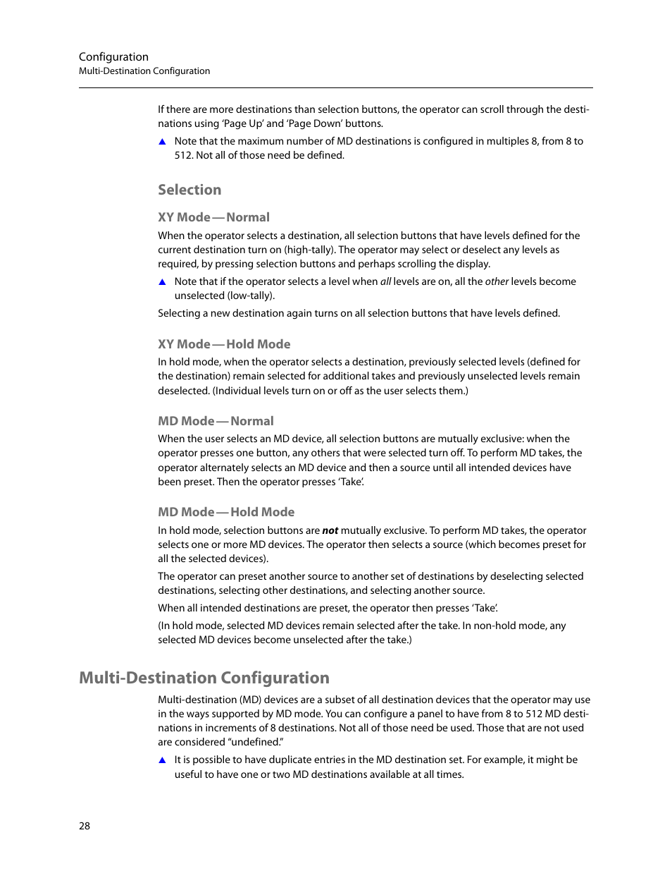 Selection, Xy mode - normal, Xy mode - hold mode | Md mode - normal, Md mode - hold mode, Multi-destination configuration, Xy mode, Md mode | Grass Valley NV9601 v.2.2 User Manual | Page 38 / 84