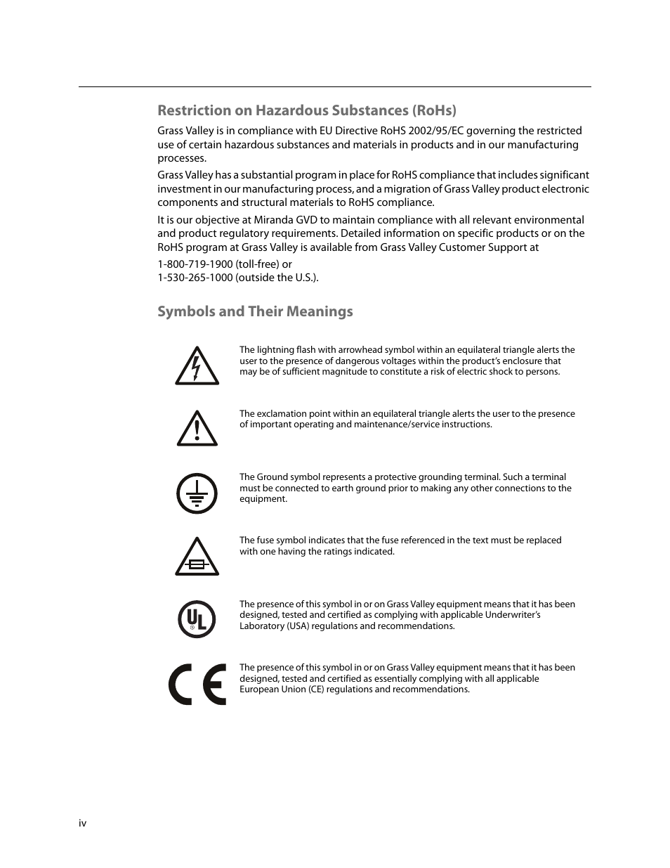 Restriction on hazardous substances (rohs), Symbols and their meanings | Grass Valley NV9601 v.2.2 User Manual | Page 4 / 84