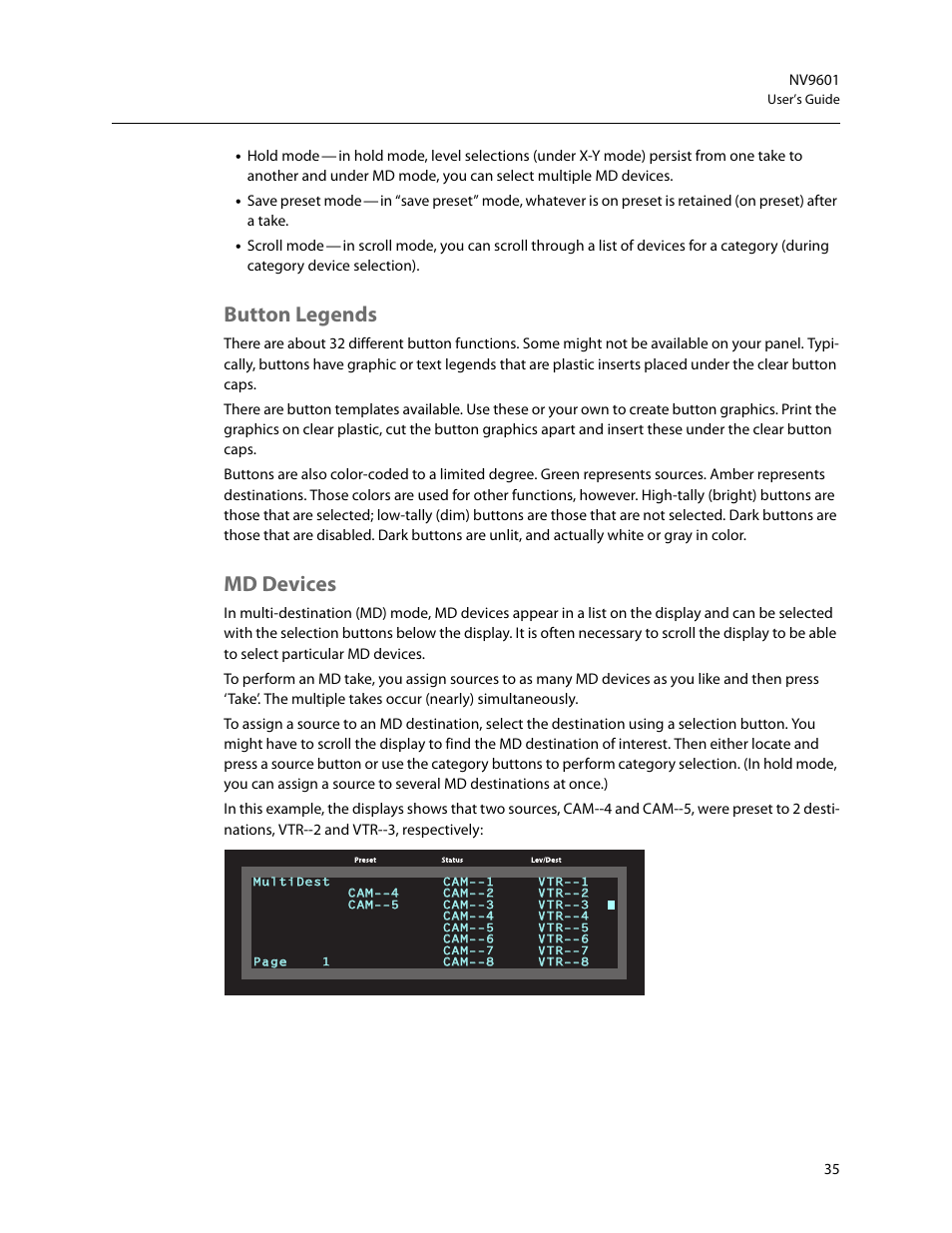 Button legends, Md devices, Button legends md devices | Grass Valley NV9601 v.2.2 User Manual | Page 45 / 84