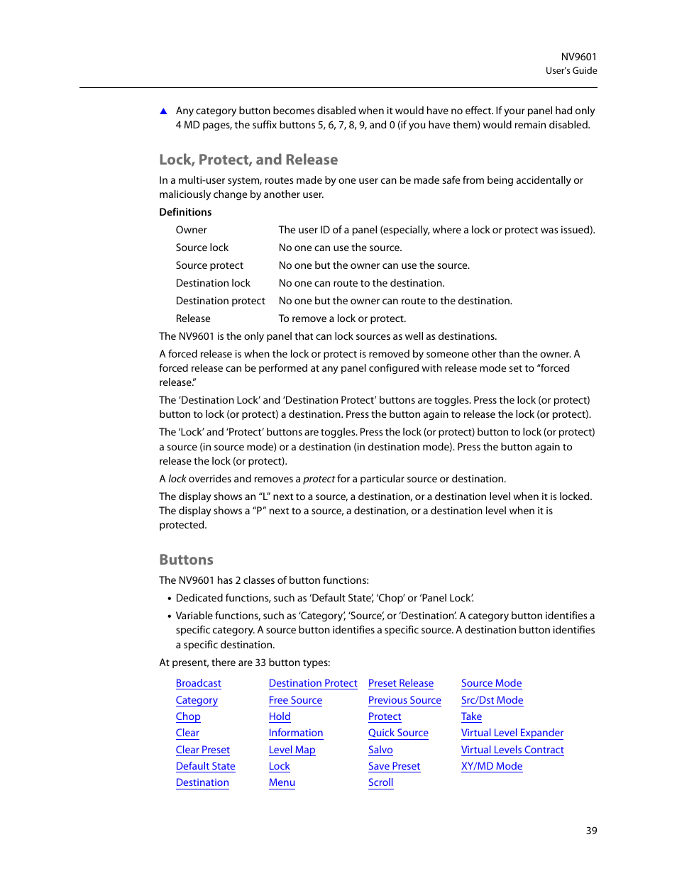 Lock, protect, and release, Buttons, Lock, protect, and release buttons | Grass Valley NV9601 v.2.2 User Manual | Page 49 / 84