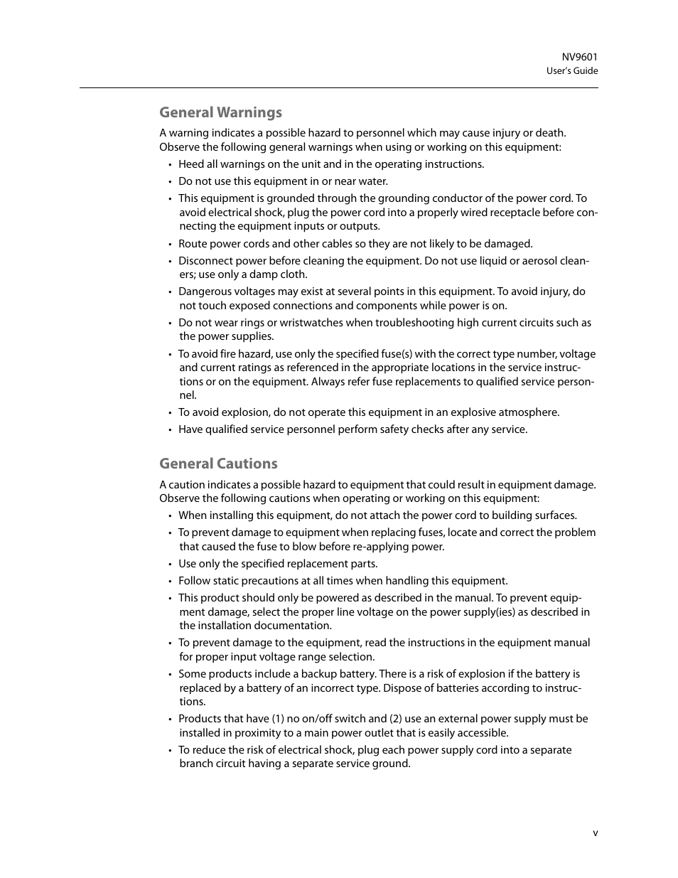 General warnings, General cautions | Grass Valley NV9601 v.2.2 User Manual | Page 5 / 84