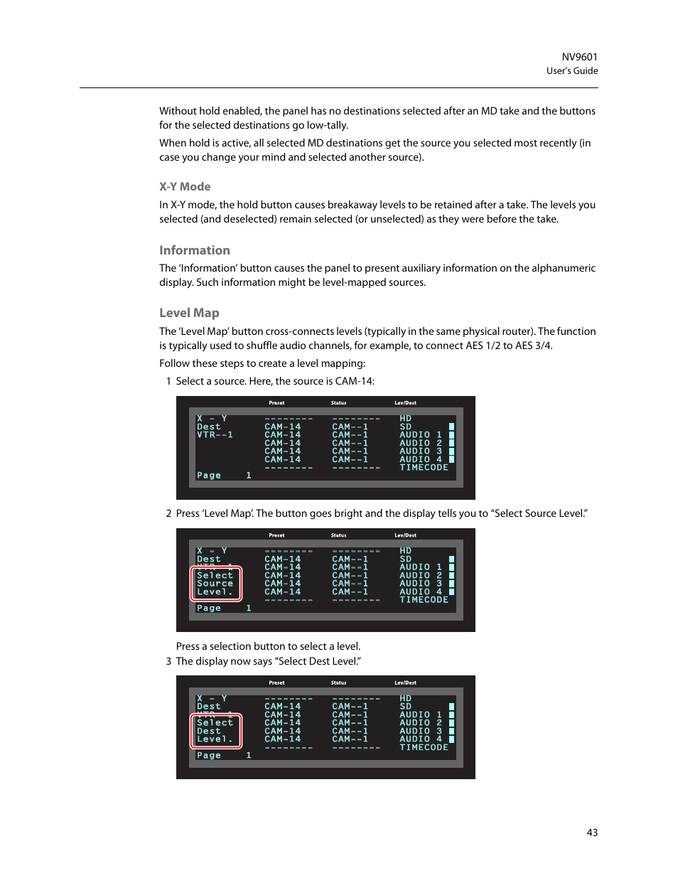 Information, Level map, Information level map | X-y mode | Grass Valley NV9601 v.2.2 User Manual | Page 53 / 84