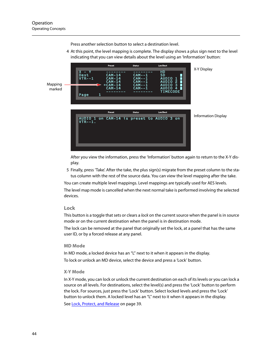 Lock, Operation, Md mode | X-y mode | Grass Valley NV9601 v.2.2 User Manual | Page 54 / 84