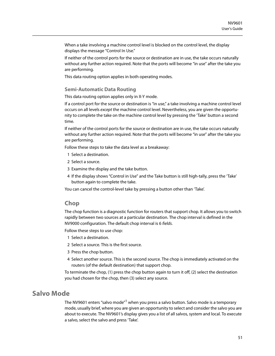 Semi-automatic data routing, Chop, Salvo mode | Grass Valley NV9601 v.2.2 User Manual | Page 61 / 84