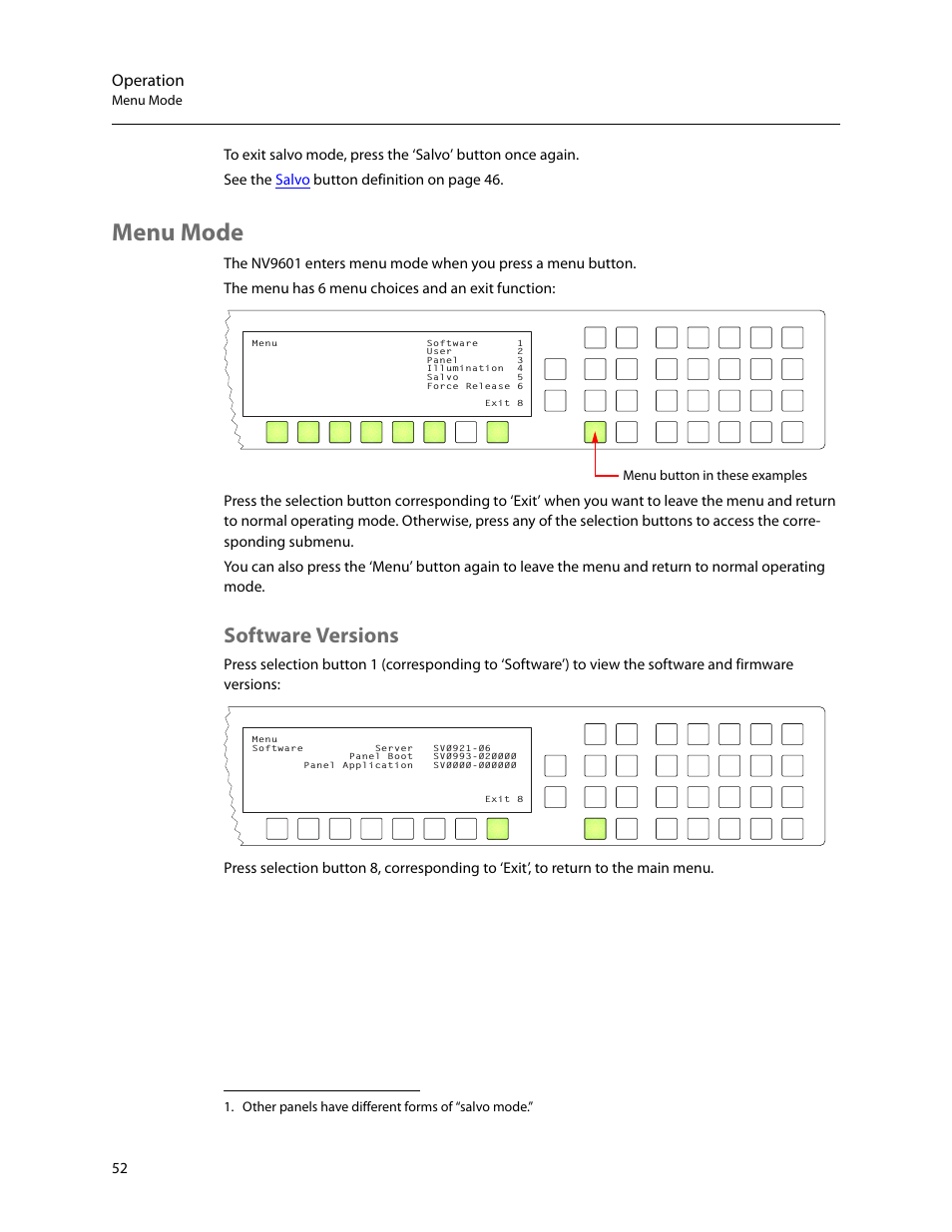 Menu mode, Software versions, Operation | Grass Valley NV9601 v.2.2 User Manual | Page 62 / 84