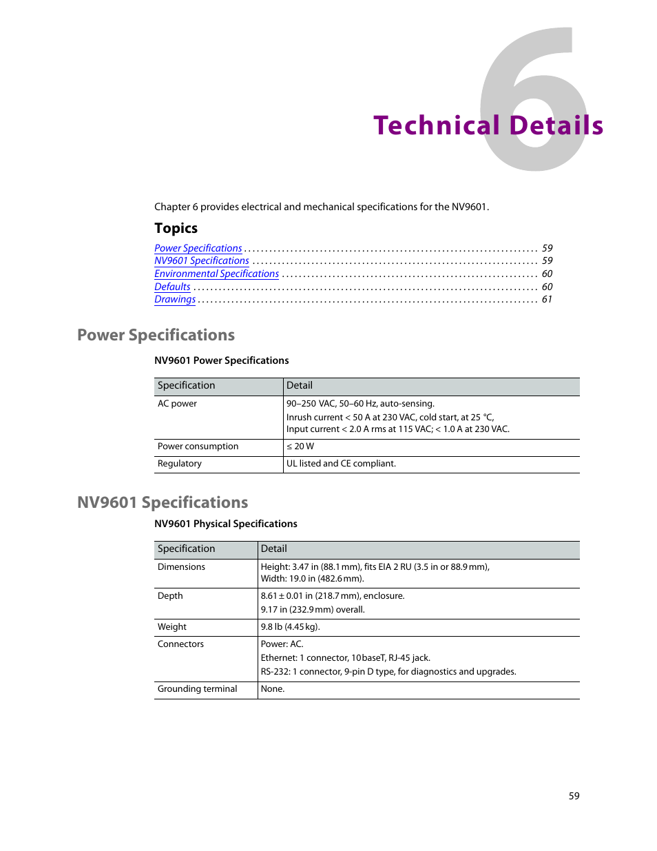 Technical details, Power specifications, Nv9601 specifications | 6 technical details, Power specifications nv9601 specifications, Chapter 6, Topics | Grass Valley NV9601 v.2.2 User Manual | Page 69 / 84