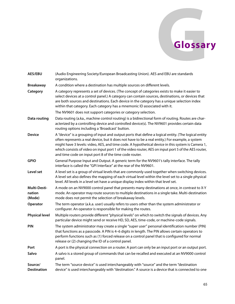 Glossary | Grass Valley NV9601 v.2.2 User Manual | Page 75 / 84