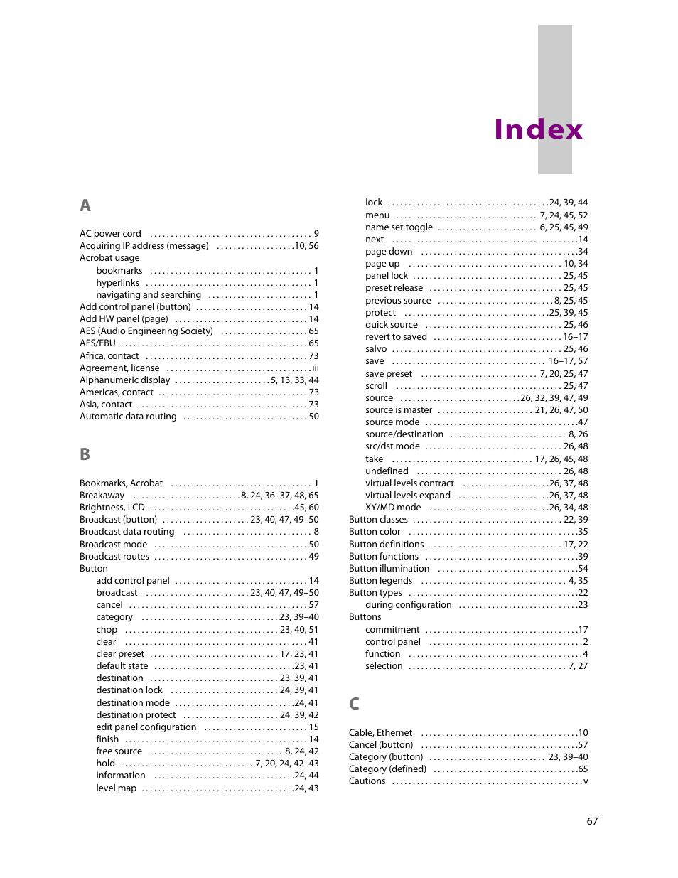 Index | Grass Valley NV9601 v.2.2 User Manual | Page 77 / 84