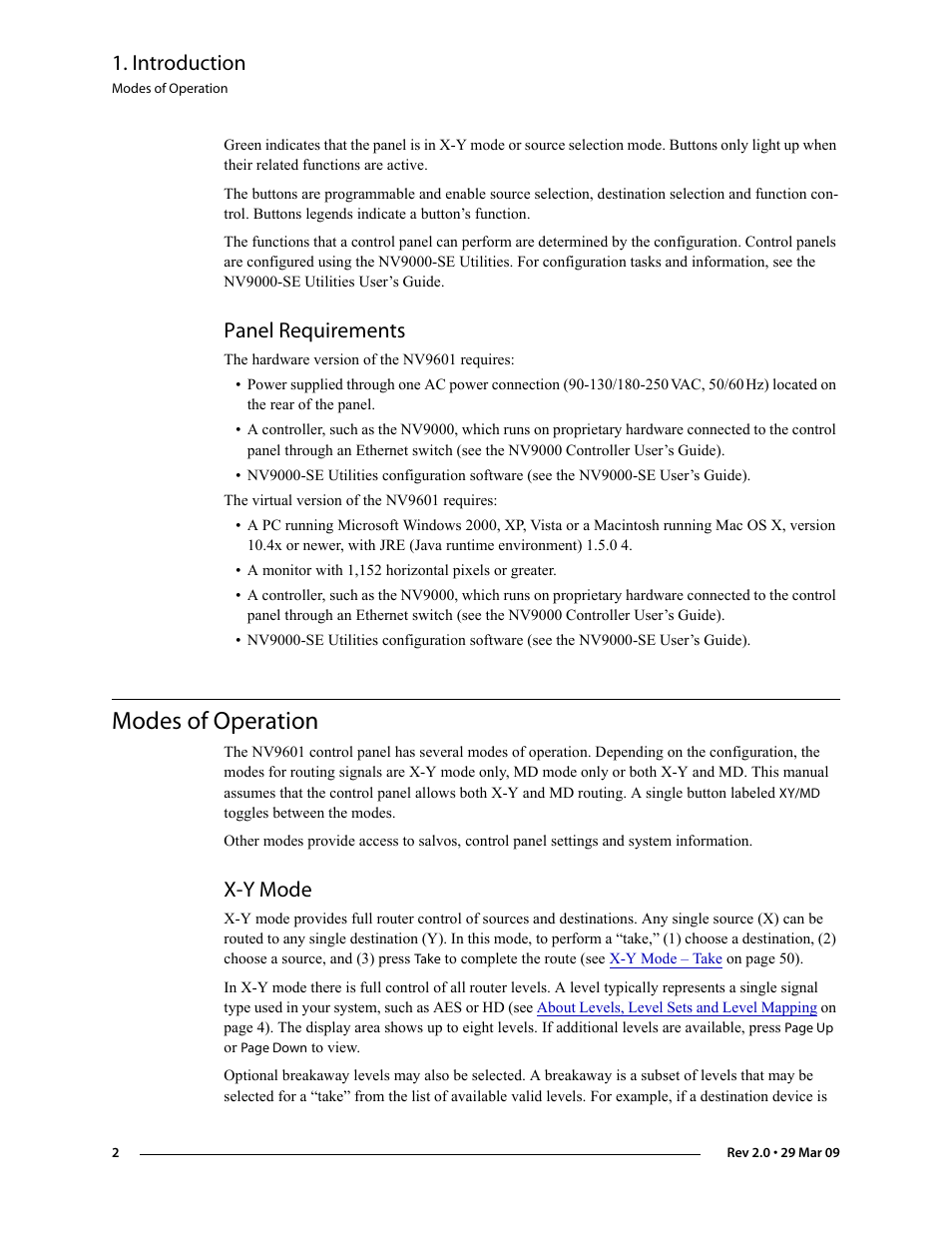 Panel requirements, Modes of operation, X-y mode | Panel require, Ments, Introduction | Grass Valley NV9601 v.2.0 User Manual | Page 12 / 76