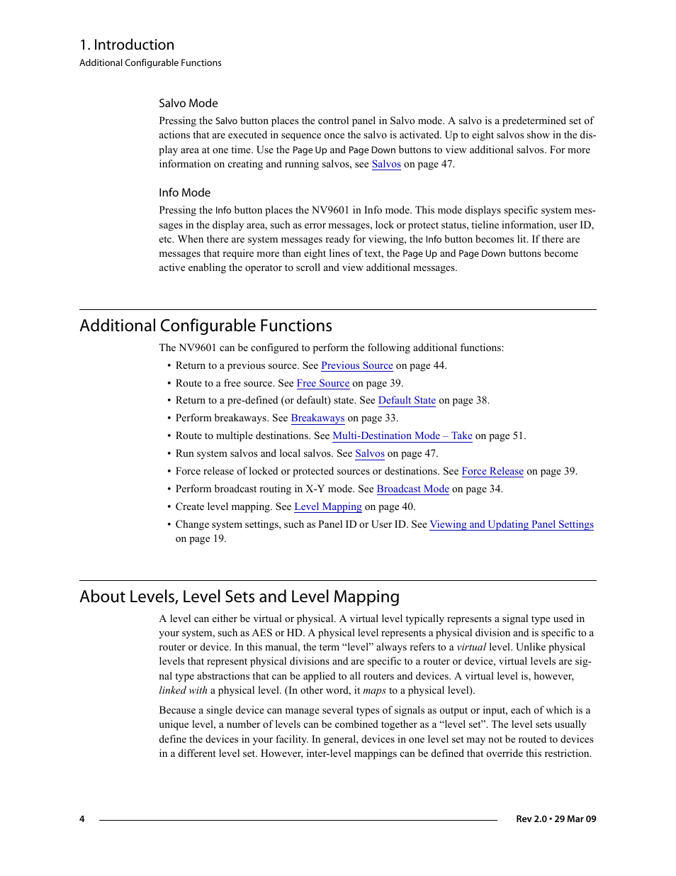 Salvo mode, Info mode, Additional configurable functions | About levels, level sets and level mapping, Salvo mode info mode, Introduction | Grass Valley NV9601 v.2.0 User Manual | Page 14 / 76