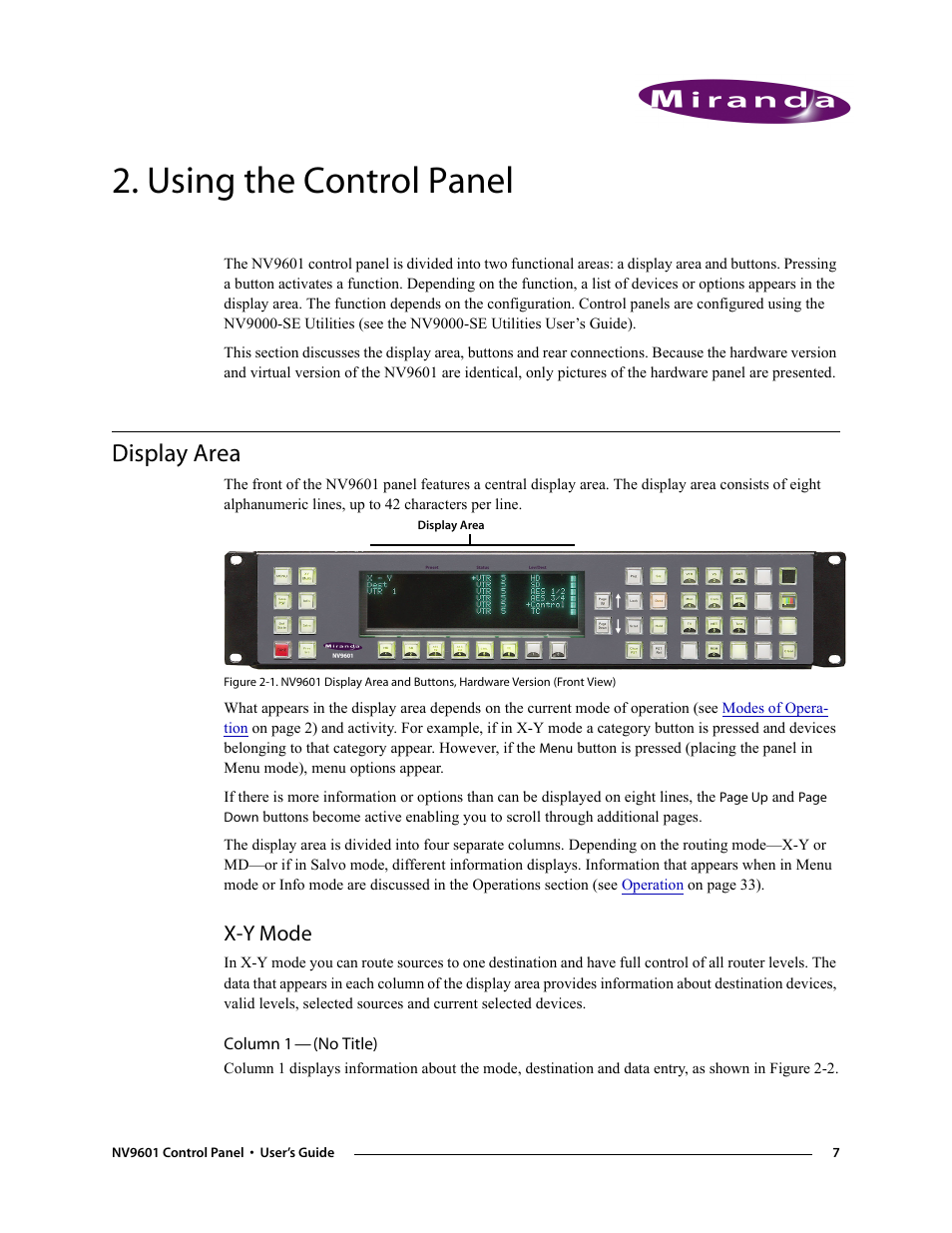 Using the control panel, Display area, X-y mode | Column 1 - (no title), Chapter 2, Column 1 | Grass Valley NV9601 v.2.0 User Manual | Page 17 / 76