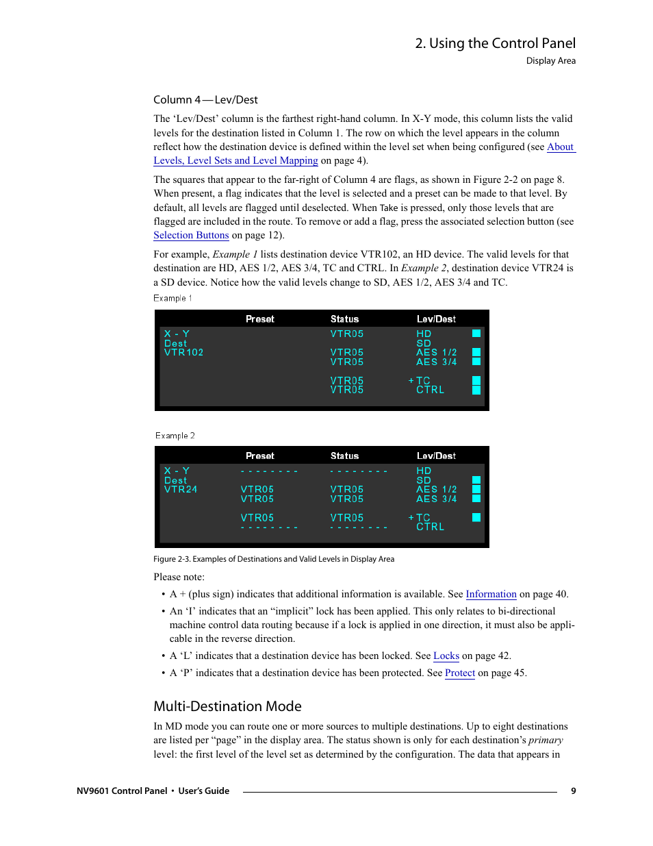 Column 4 - lev/dest, Multi-destination mode, Column 4 | Using the control panel | Grass Valley NV9601 v.2.0 User Manual | Page 19 / 76