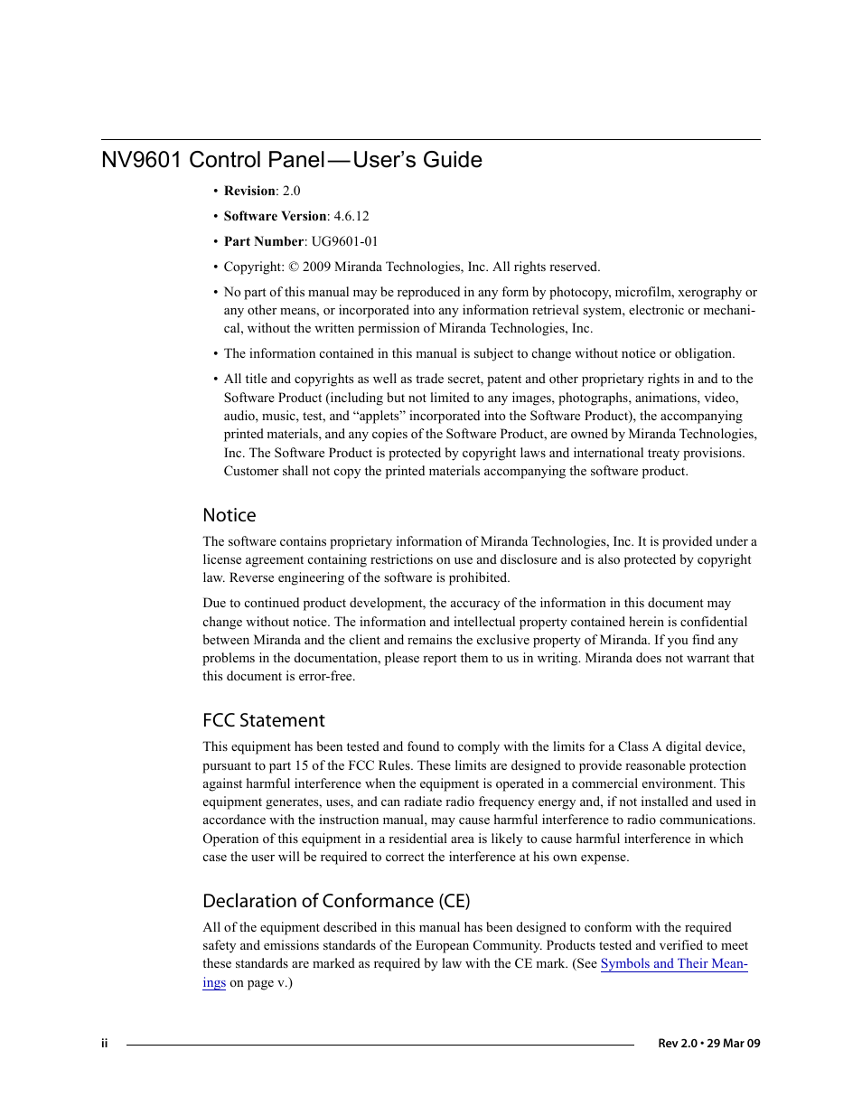 Nv9601 control panel - user’s guide, Nv9601 control panel, User’s guide | Notice, Fcc statement, Declaration of conformance (ce) | Grass Valley NV9601 v.2.0 User Manual | Page 2 / 76