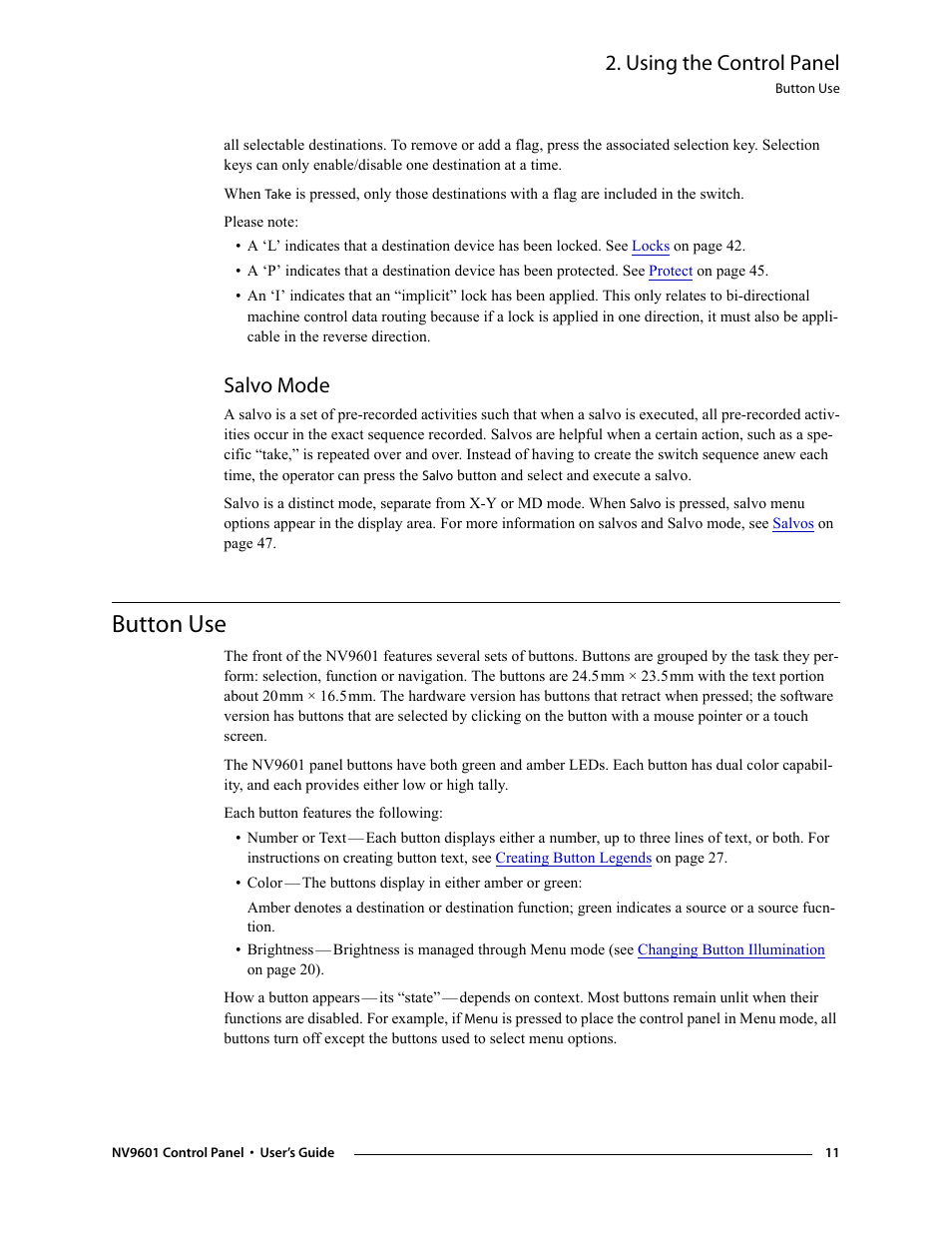 Salvo mode, Button use, Using the control panel | Grass Valley NV9601 v.2.0 User Manual | Page 21 / 76