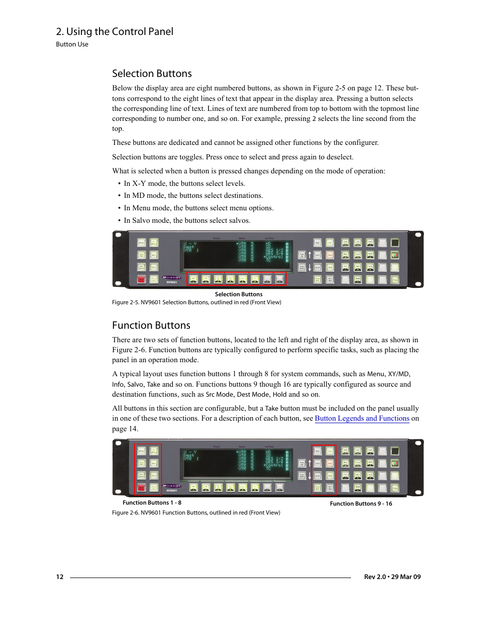 Selection buttons, Function buttons, Selection buttons function buttons | Using the control panel | Grass Valley NV9601 v.2.0 User Manual | Page 22 / 76