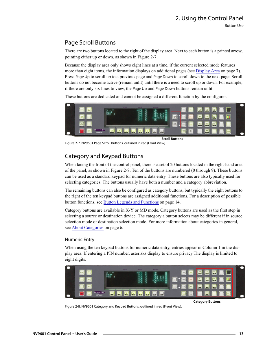 Category and keypad buttons, Numeric entry, Using the control panel | Page scroll buttons | Grass Valley NV9601 v.2.0 User Manual | Page 23 / 76