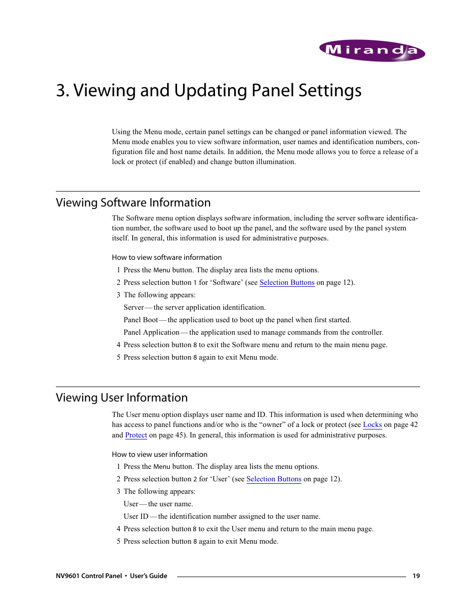 Viewing and updating panel settings, Viewing software information, Viewing user information | Chapter 3, Ion, see, User id. see, Viewing and, Updating panel settings | Grass Valley NV9601 v.2.0 User Manual | Page 29 / 76