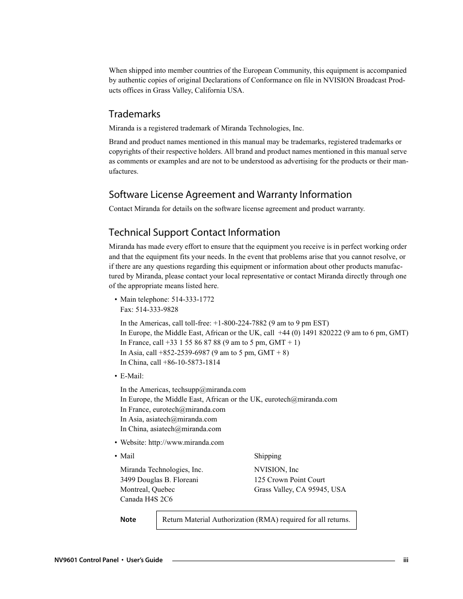 Trademarks, Technical support contact information | Grass Valley NV9601 v.2.0 User Manual | Page 3 / 76