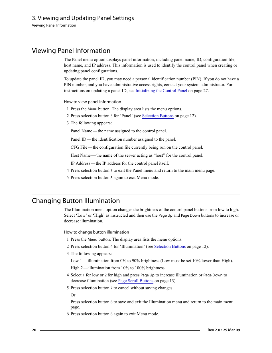 Viewing panel information, Changing button illumination, Ons. see | De (see, Viewing and updating panel settings | Grass Valley NV9601 v.2.0 User Manual | Page 30 / 76