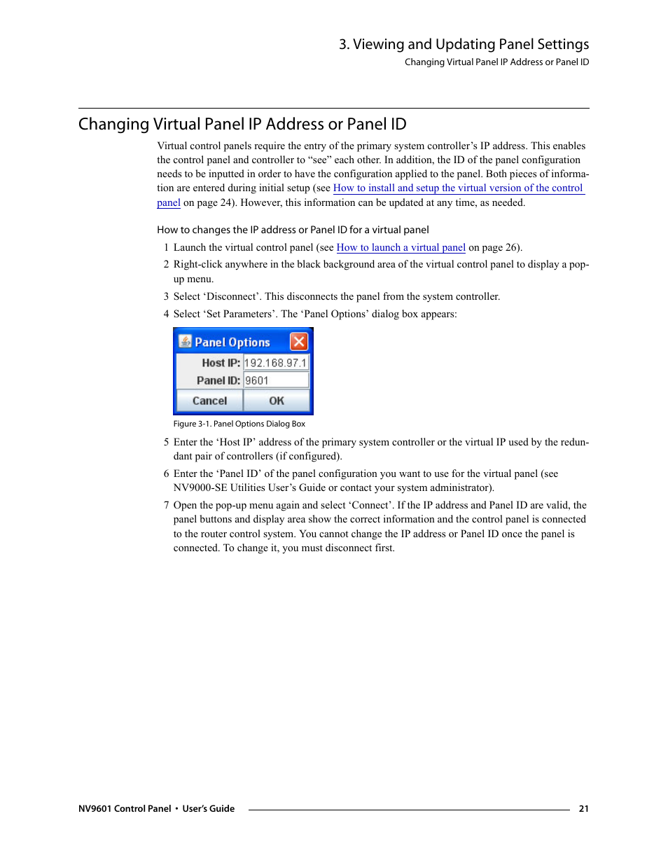 Changing virtual panel ip address or panel id, Viewing and updating panel settings | Grass Valley NV9601 v.2.0 User Manual | Page 31 / 76