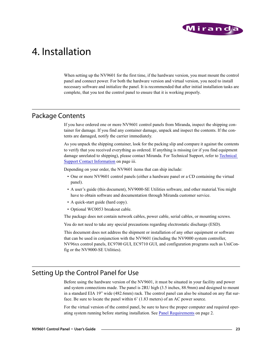 Installation, Package contents, Setting up the control panel for use | Chapter 4 | Grass Valley NV9601 v.2.0 User Manual | Page 33 / 76