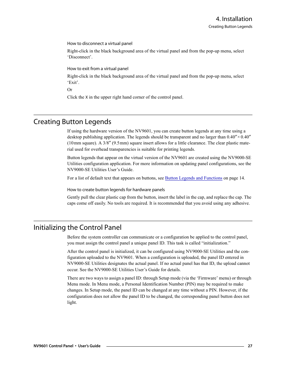 Creating button legends, Initializing the control panel, Installation | Grass Valley NV9601 v.2.0 User Manual | Page 37 / 76
