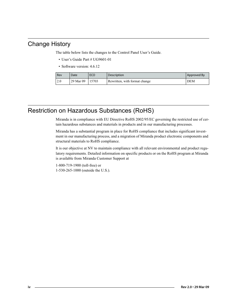 Change history, Restriction on hazardous substances (rohs) | Grass Valley NV9601 v.2.0 User Manual | Page 4 / 76
