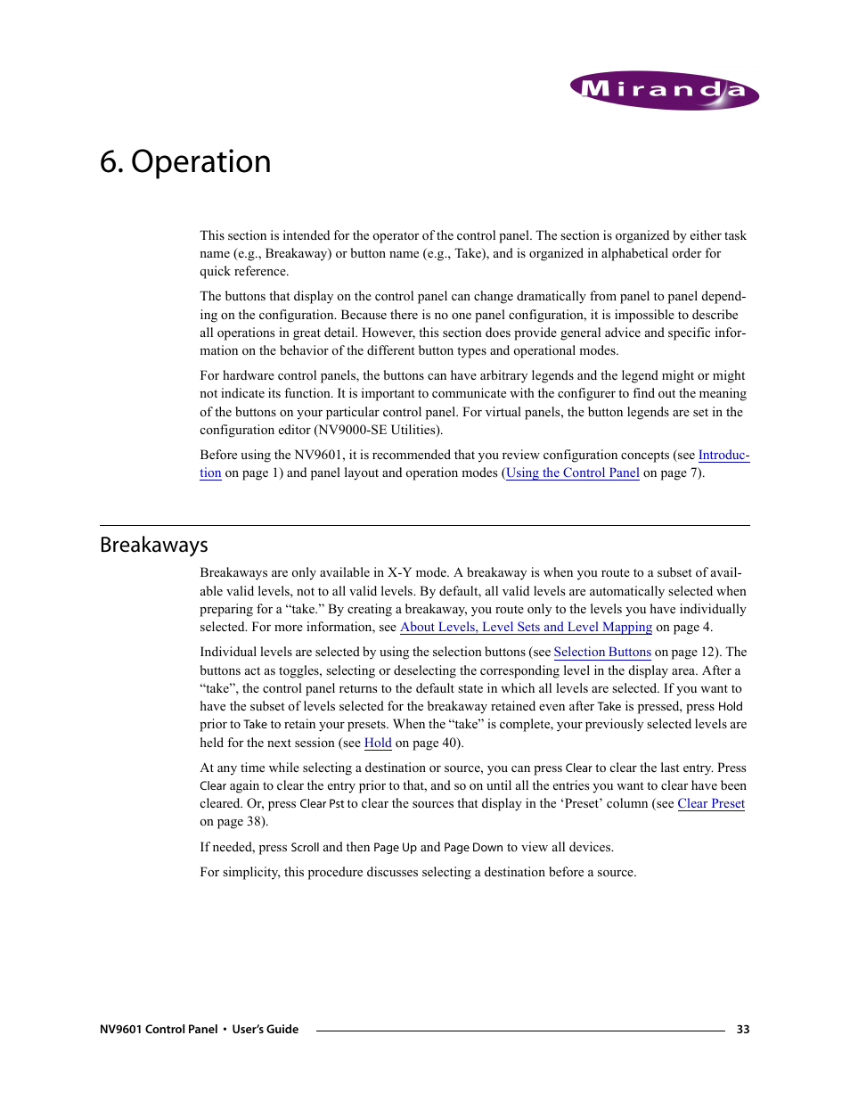 Operation, Breakaways, Chapter 6 | Grass Valley NV9601 v.2.0 User Manual | Page 43 / 76