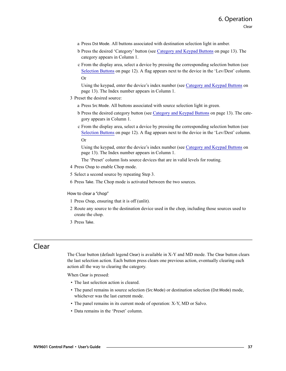 Clear, Operation | Grass Valley NV9601 v.2.0 User Manual | Page 47 / 76